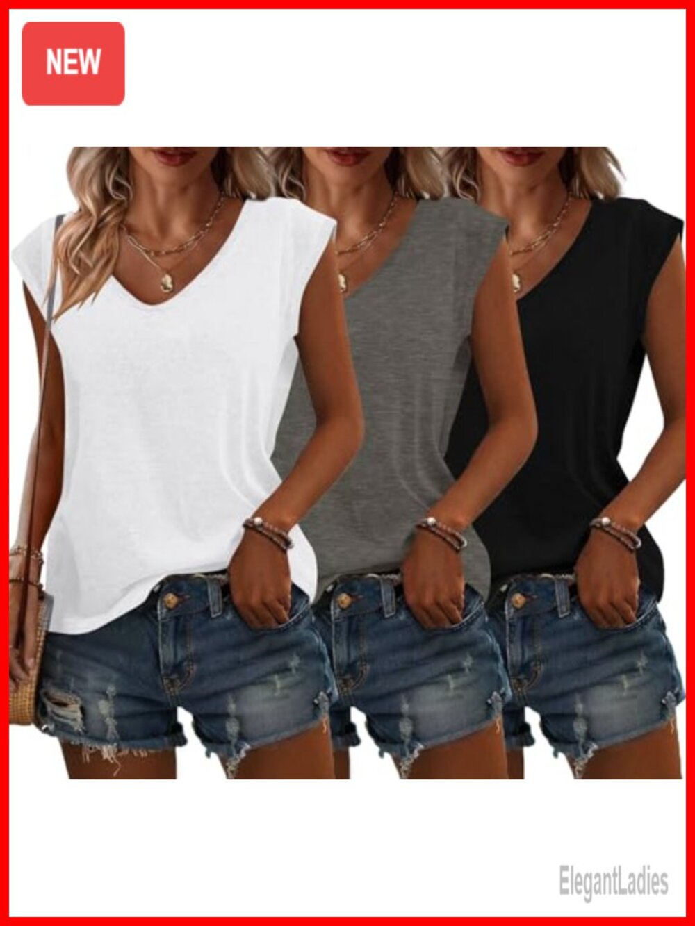 3 Pack Womens Cap Sleeve V Neck Summer Tops Basic Tees Loose Fit